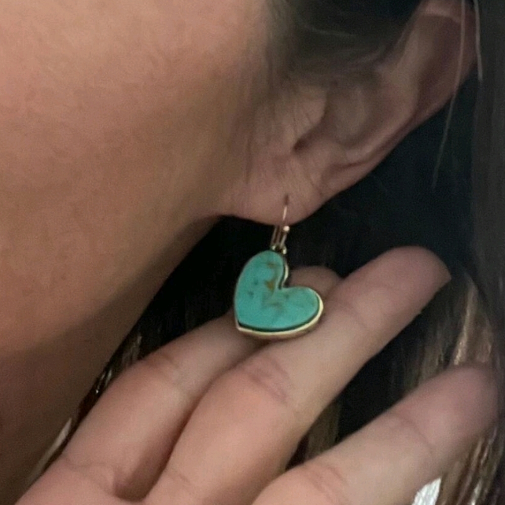 Gold and Turquoise Heart Earrings - Picture 2 of 4